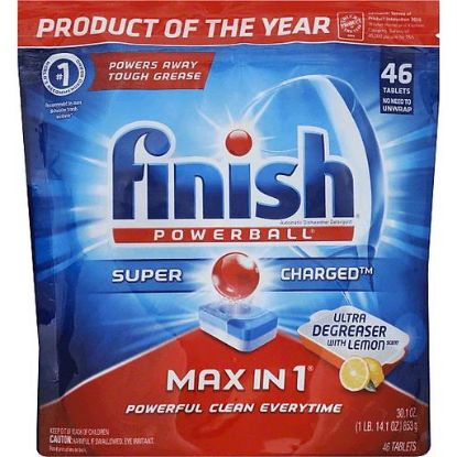 Picture of Finish Powerball Max In 1 Automatic Dishwasher Detergent Supercharged Ultra Degreaser With Lemon Scent Tablets 43 Ct