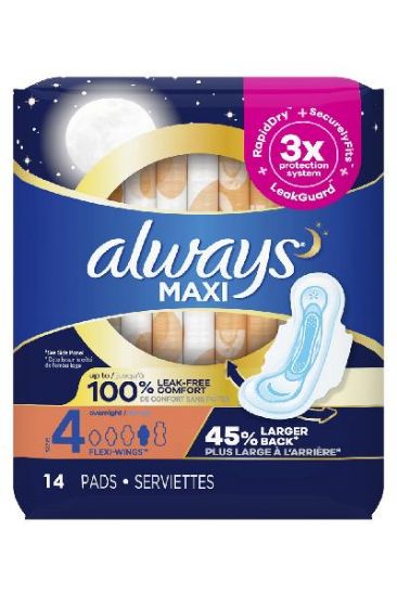 Picture of Always Overnight W/Wings Maxi Pad Size 4 14 Ct