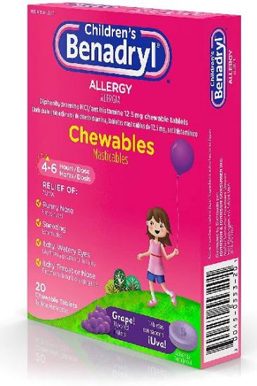 Picture of Benadryl Children/'s Allergy Relief Chewable Tablets - Grape 20 Ct